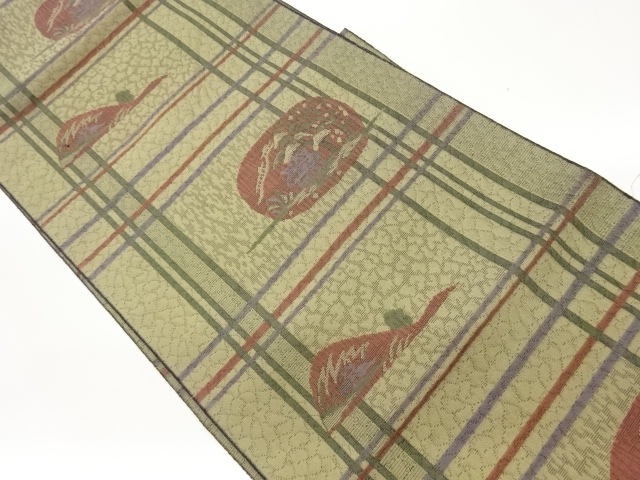 格子に民家風景模様織出し名古屋帯